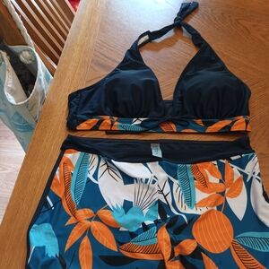 Ladies 2 Piece Blue with Orange Florals Halter Top and Shorts Bathing Suit